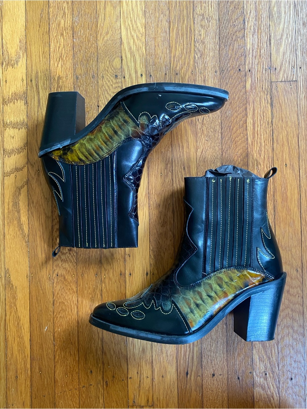 Kurt Geiger Black Leather Western Ankle Boots with Stacked Heel
